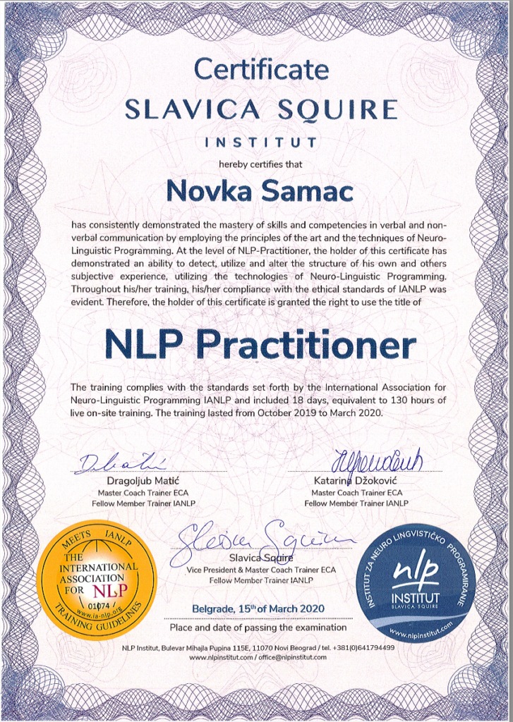 NLP Practitioner sertifikat — Novka Samac