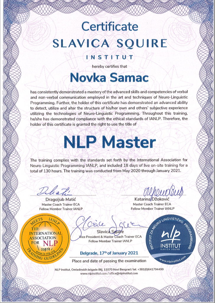 NLP Master sertifikat — Novka Samac