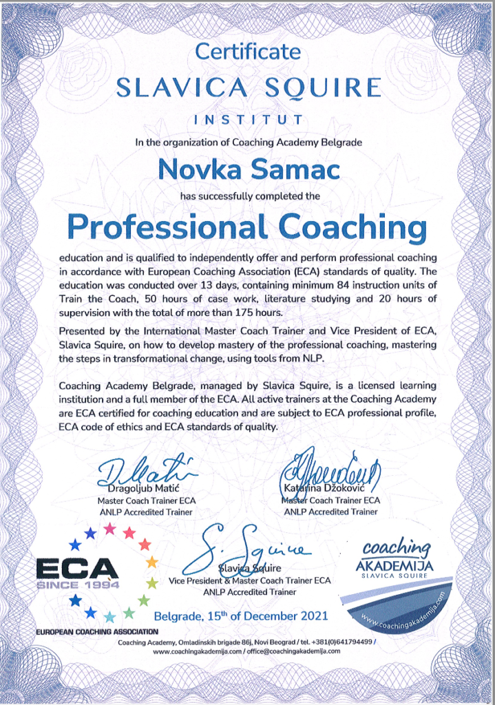NLP Coach sertifikat — Novka Samac