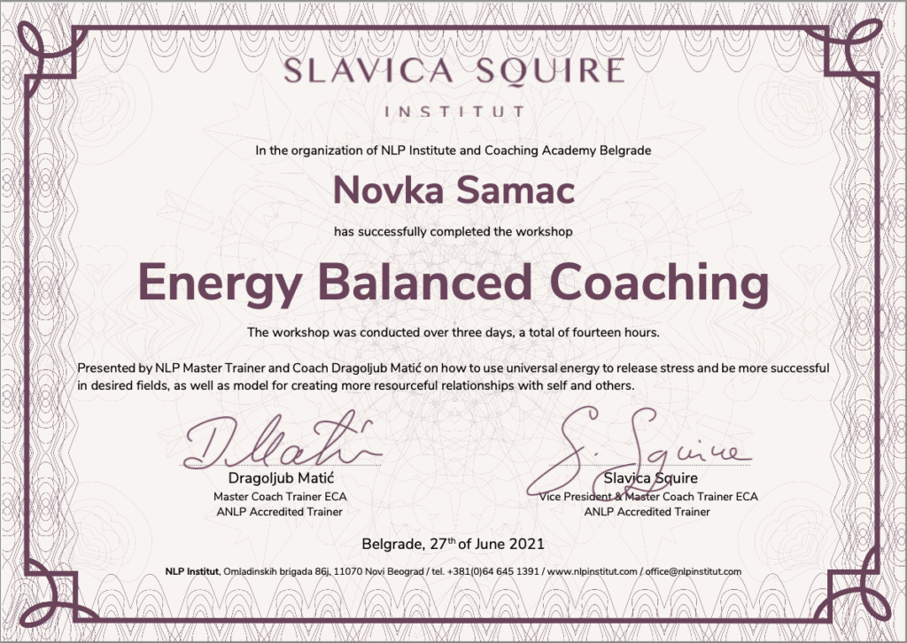 Sertifikat NLP edukacije — Novka Samac