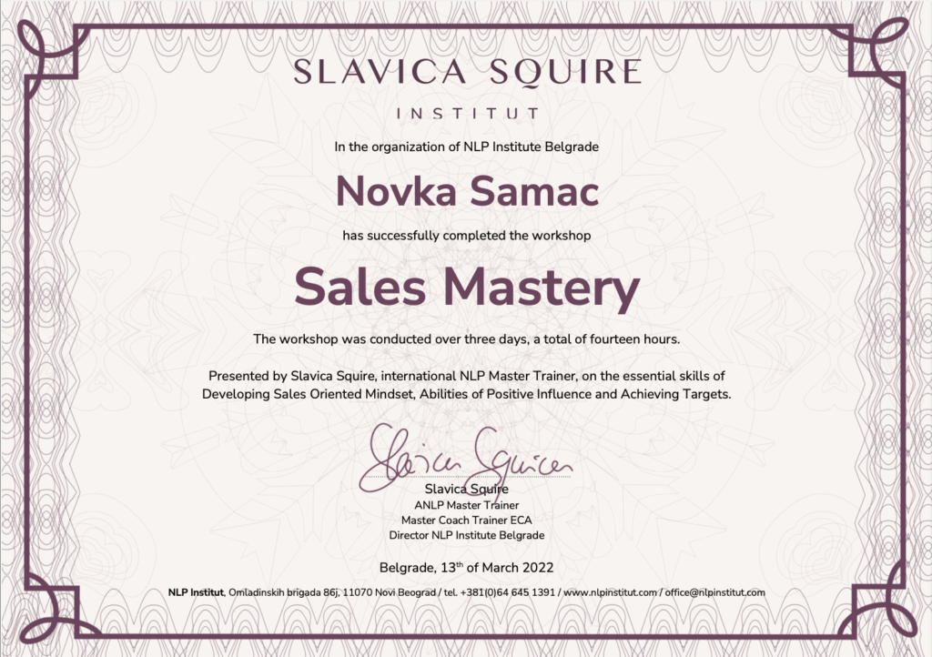 Sertifikat NLP instituta — Novka Samac